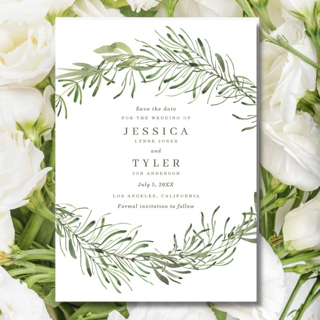 Save The Date Élégant Mariage photo Botanique (Elegant Botanical Greenery Photo Wedding Save The Date)