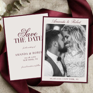 Save The Date Élégant Mariage Photo Burgundy Vieille Fortune