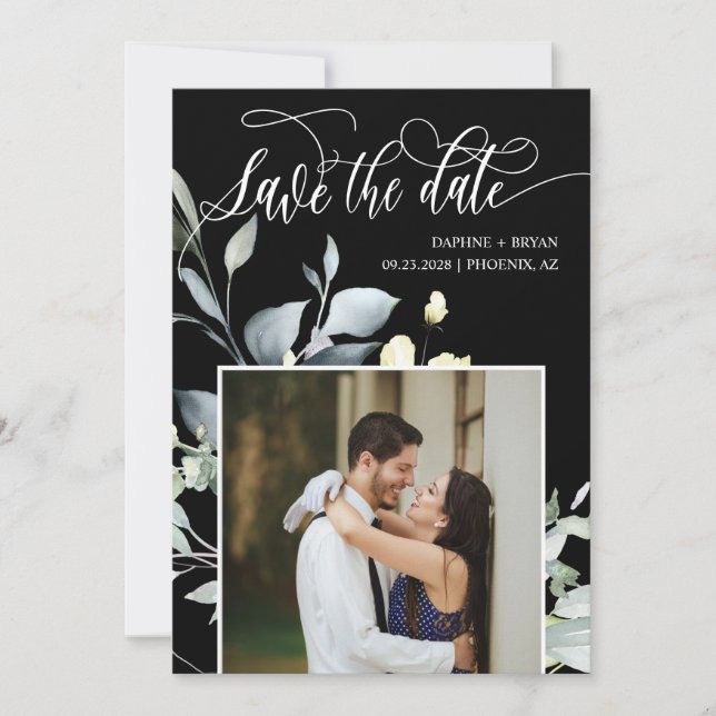 Save The Date Élégant Mariage Photo Code QR Feuilles Vertes Noir (Devant)