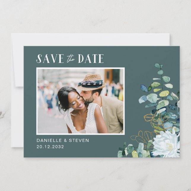 Save The Date Élégant mariage photo de fleurs blanches eucalyptu (Devant)