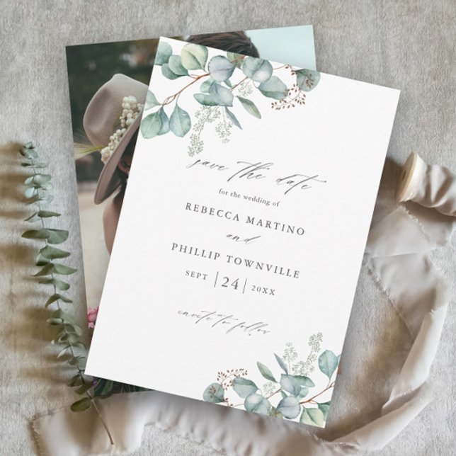 Save The Date Élégant Mariage photo Eucalyptus verdure (Elegant Eucalyptus Greenery Wedding Save the Dates with Photo on the Back.)