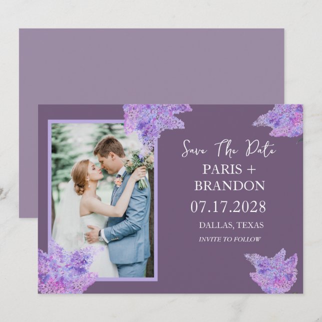 Save The Date Élégant Mariage photo floral moderne violet Lilac (Devant / Derrière)