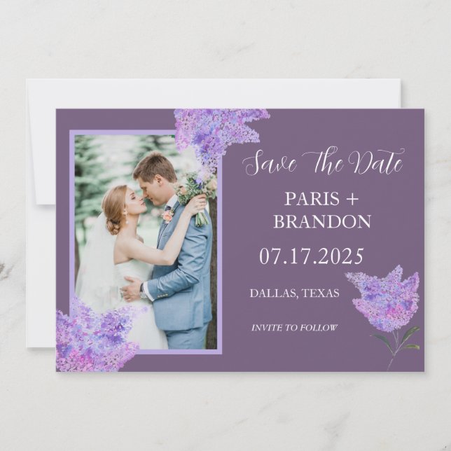 Save The Date Élégant Mariage photo floral moderne violet Lilac (Devant)