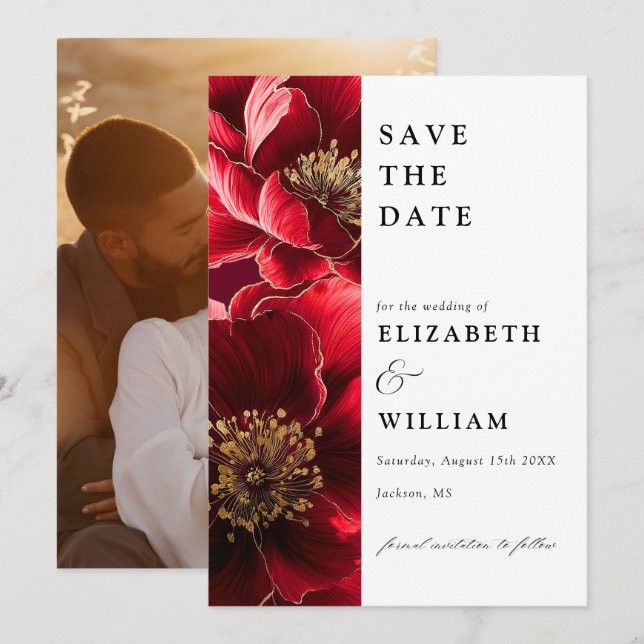 Save The Date Élégant Mariage photo Floral Rouge Et Or Bourgogne (Devant / Derrière)
