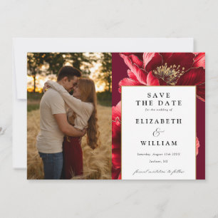 Save The Date Élégant Mariage photo Floral Rouge Et Or Bourgogne