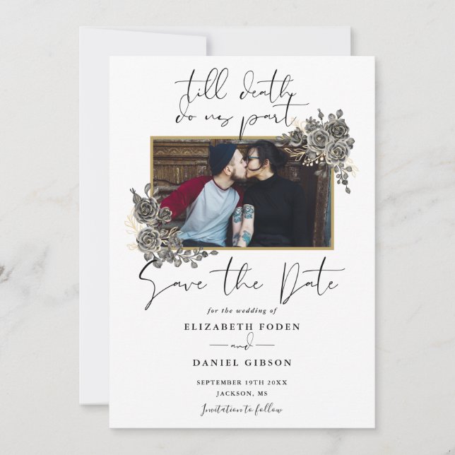 Save The Date Élégant mariage photo florale gothique de script (Devant)