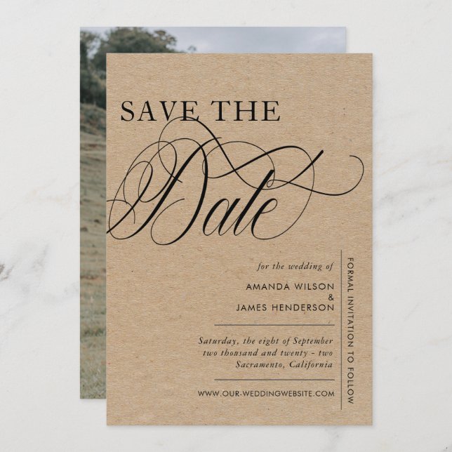 Save The Date Élégant Mariage photo Kraft Texture simple (Devant / Derrière)