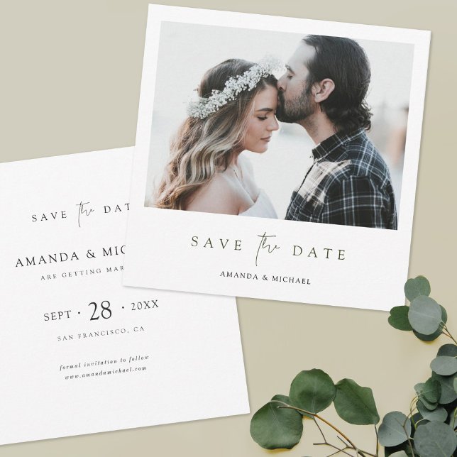 Save The Date Élégant Mariage photo moderne de script vert (Créateur téléchargé)