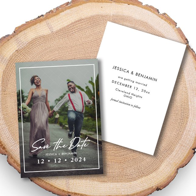 Save The Date Élégant mariage photo personnalisé Enregistrer la  (Minimalist Striped Overlay Photo Wedding Save the Date Card, Front and Back)