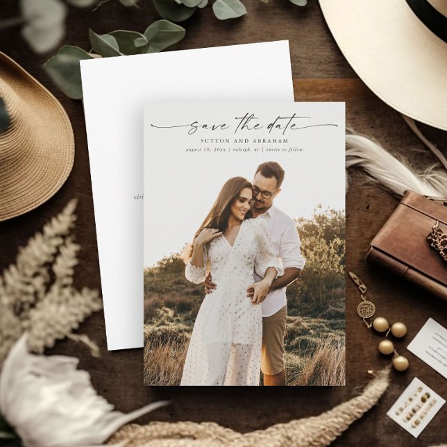 Save The Date Élégant Mariage Photo Script (Elegant script photo wedding save the date with modern handwritten script overlay typography.)