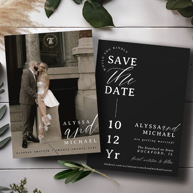 Save The Date Élégant Mariage photo simple moderne noir & blanc (Elegant modern photo typography inline simple wedding save the date, black and white, moody, dark)