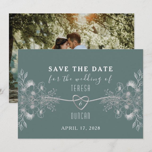 Save The Date Élégant mariage photo vert sauge (Devant / Derrière)