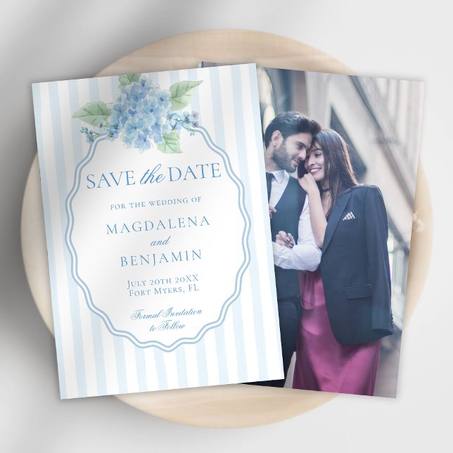 Save The Date Élégant Mariage photo Victorian Blue Hydrangea (Créateur téléchargé)