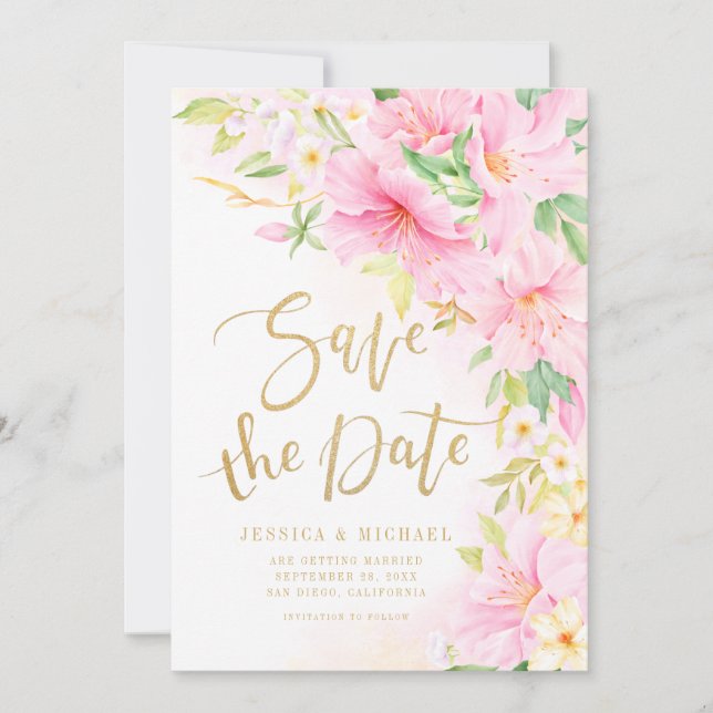 Save The Date Élégant Mariage rose d'aquarelle Floral Monogram (Devant)