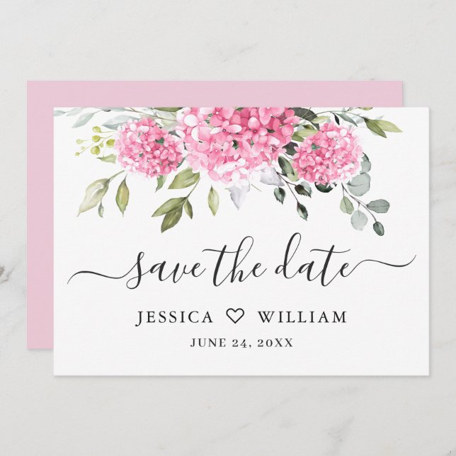 Save The Date Élégant Mariage rose Hydrangea Floral (Devant / Derrière)