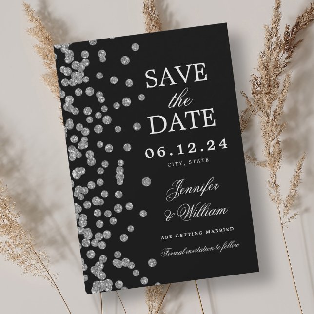 Save The Date Élégant Mariage Script Argent Confetti Noir (Créateur téléchargé)