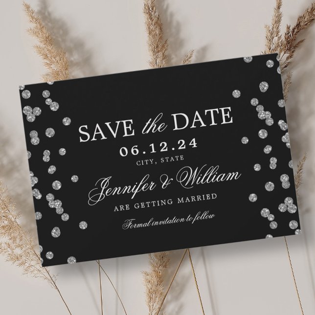 Save The Date Élégant Mariage Script Argent Confetti Noir (Elegant Script Wedding Silver Confetti Black Save The Date)