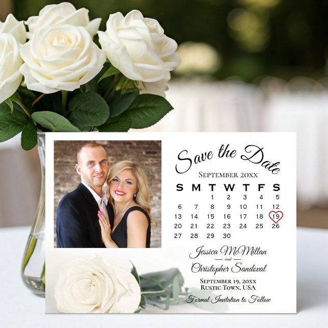 Save The Date Élégant Mariage simple Rose blanche Calendrier & P (Créateur téléchargé)