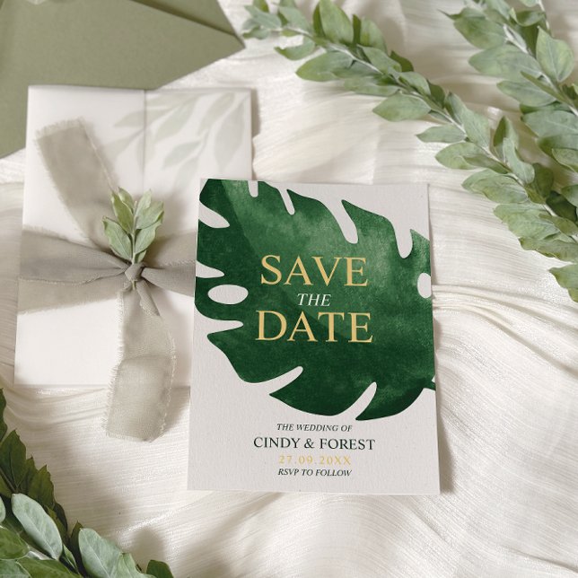 Save The Date Élégant mariage tropical vert feuille de Monstera (Créateur téléchargé)