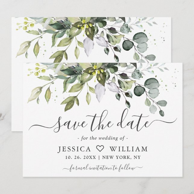 Save The Date Élégant mariage verdure eucalyptus aquarelle (Devant / Derrière)