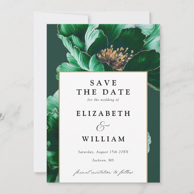 Save The Date Élégant Mariage Vert Émeraude Et Or Floral (Devant)