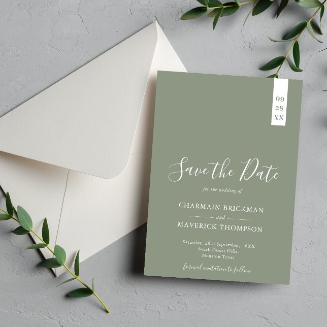 Save The Date Élégant mariage vert sauge et écriture blanche (Créateur téléchargé)