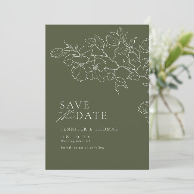 Save The Date Élégant mariage vert sauge floral dessiné à la mai (Debout devant)
