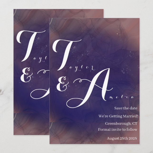 Save The Date Élégant Mariage violet de monogramme (Devant / Derrière)