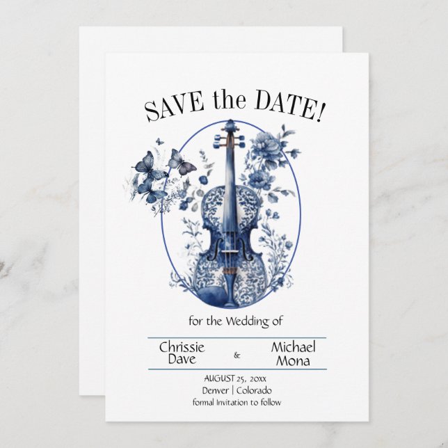 Save The Date Élégant Mariage violon blanc et bleu (Devant / Derrière)