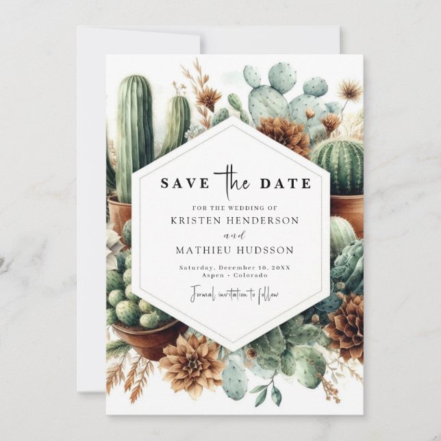 Save The Date Élégant Mariage Whimsical Cactus (Devant)