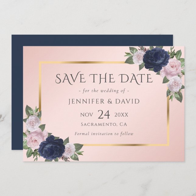 Save The Date Elégant Marine Bleu et Blush Mariage Enregistrer l (Devant / Derrière)