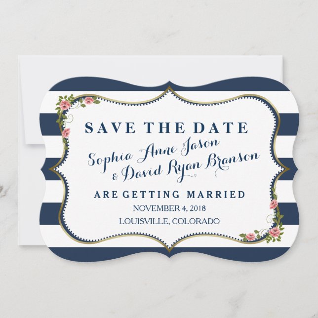 Save The Date Elégant Marine Bleu Grilles Mariage Enregistrer La (Devant)