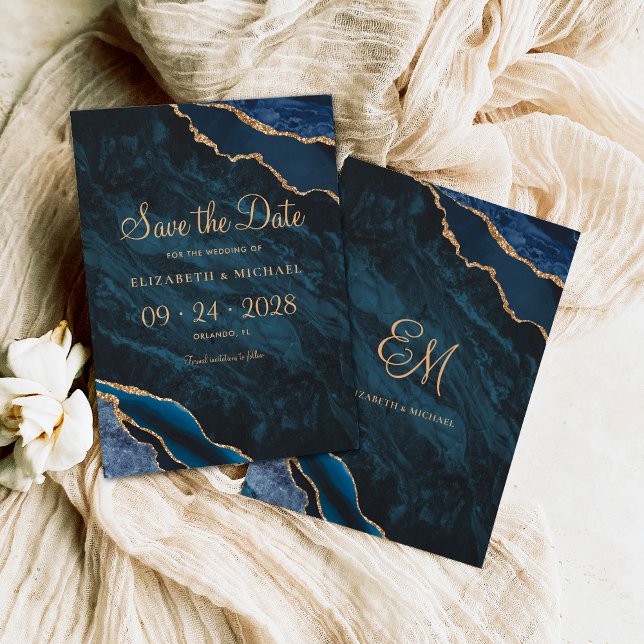 Save The Date Elégant Marine Blue Agate Mariage Enregistrer la d (Créateur téléchargé)