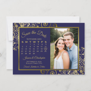 Save The Date Elegant Marine Blue & Gold Calendrier & Mariage ph