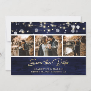 Save The Date Elégant Marine Blue Gold Foil Mariage de bois phot