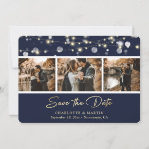 Save The Date Élégant Marine Blue Gold Mariage Photo Enregistrer