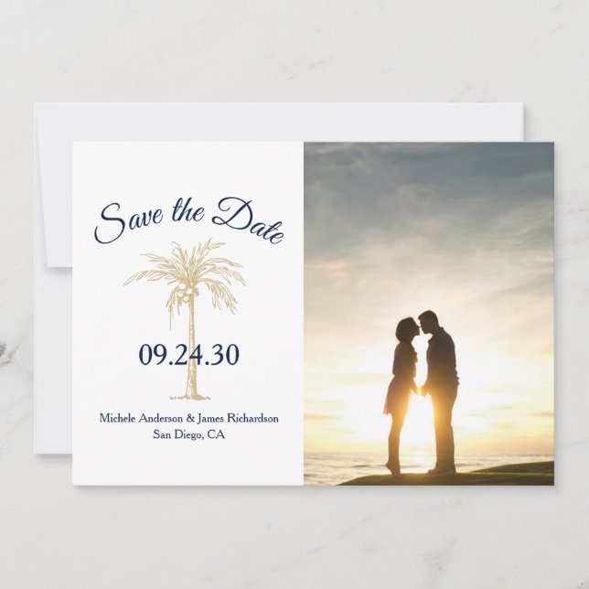Save The Date Elegant Marine Blue Gold Palm Tree Mariage Photo (Devant)