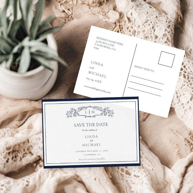 Save The Date Élégant Marine Botanique Crest monogramme mariage  (Créateur téléchargé)