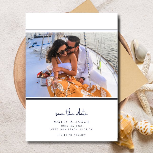 Save The Date Elégant Marine Nautique photo mariage Enregistrer  (Elegant Navy Nautical Photo Wedding Save the Date)