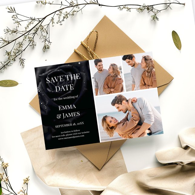 Save The Date Elegant Midnight Rose Black & White Wedding Photo (Créateur téléchargé)