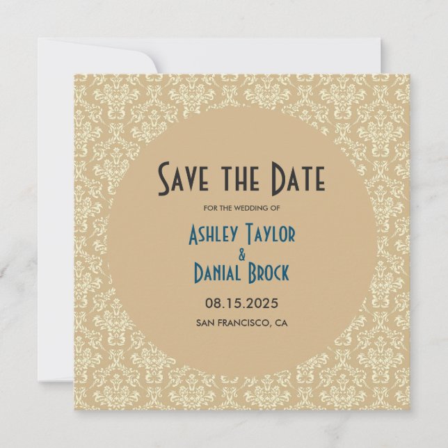 Save The Date Élégant milieu du siècle moderne Damas Mariage off (Devant)