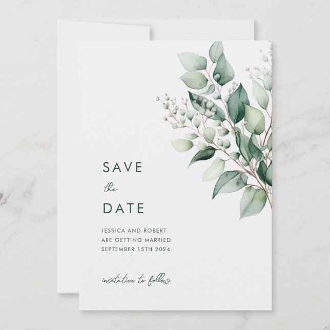 Save The Date Elégant minimal Eucalyptus Mariage de verdure (Devant)