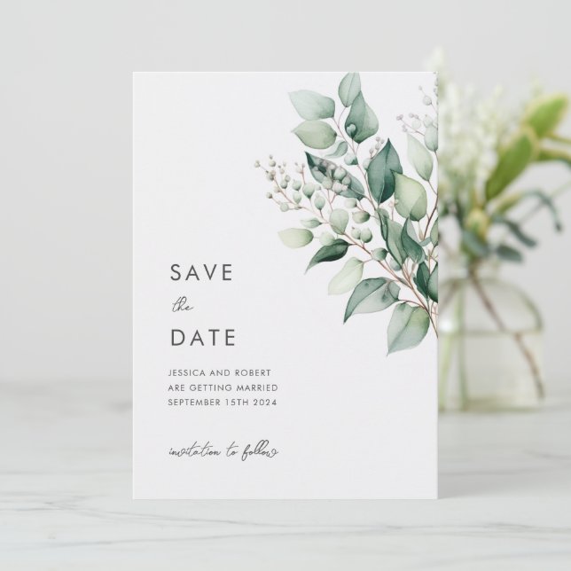 Save The Date Elégant minimal Eucalyptus Mariage de verdure (Debout devant)