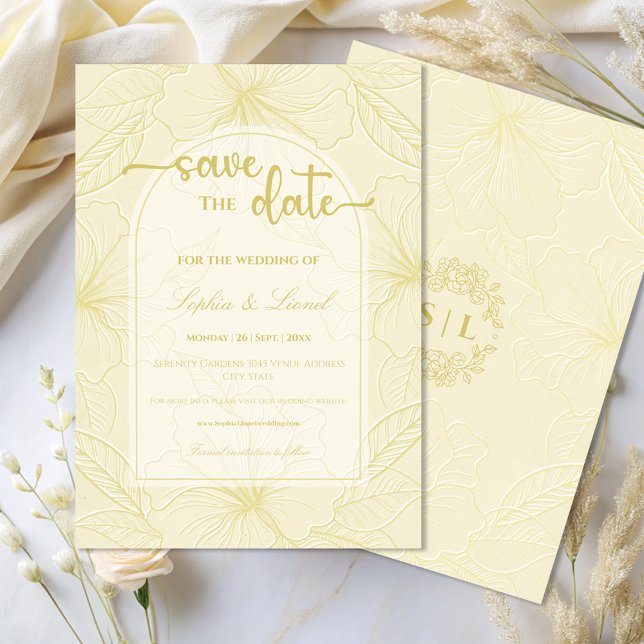 Save The Date Élégant minimal Golden Outline Floral Mariage (Créateur téléchargé)