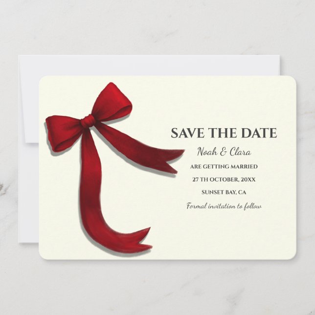 Save The Date Elegant Minimalist with Red Bow - Simple classic (Devant)