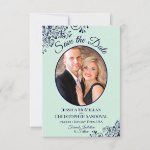 Save The Date Elegant Mint Green & Navy Blue Oval Photo Mariage