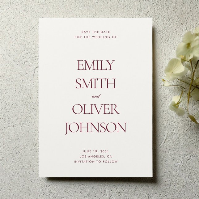 Save The Date Elegant Modern Clean Burgundy Red Wedding (Minimalist burgundy red wedding save the date card with modern serif typography)