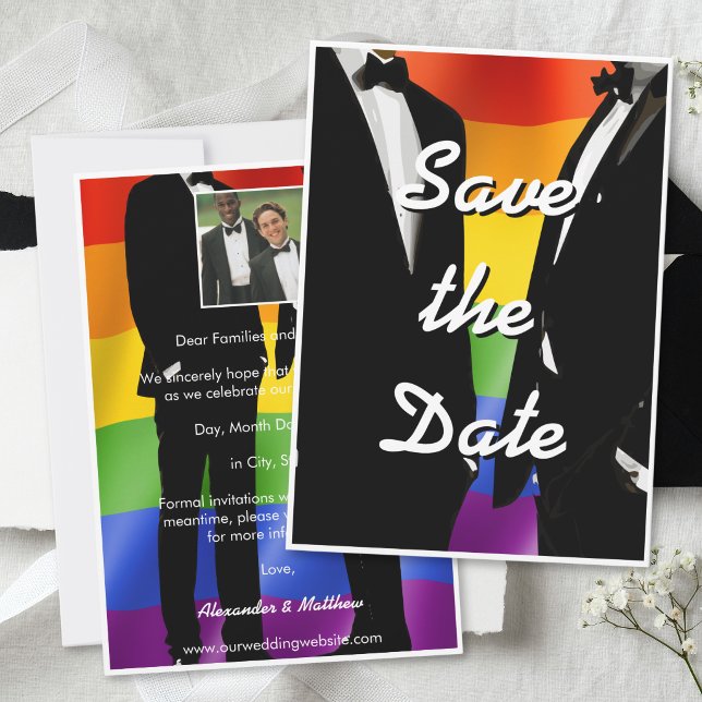 Save The Date Elegant Modern Gay Men Wedding Photo Rainbow (Créateur téléchargé)