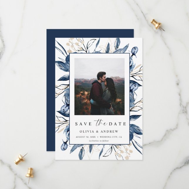 Save The Date Elegant Modern Navy Blue Botanical Photo Wedding  (Devant/Arrière en situation)