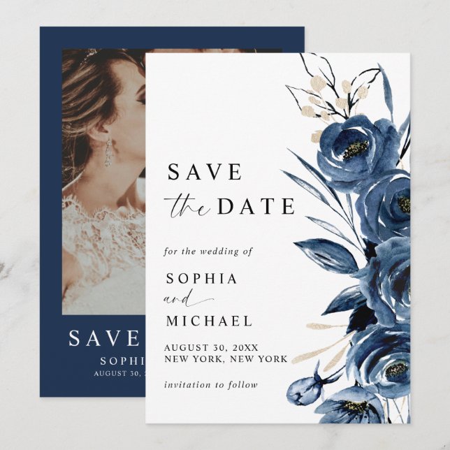Save The Date Elegant Modern Navy Blue Floral & Photo Wedding  (Devant / Derrière)